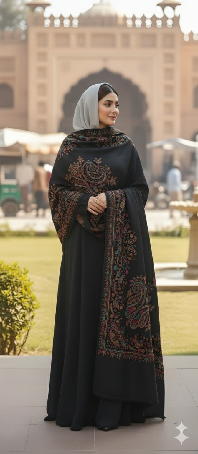 Formal Black Wool Shawl for Women | Traditional Patterned Evening Wrap