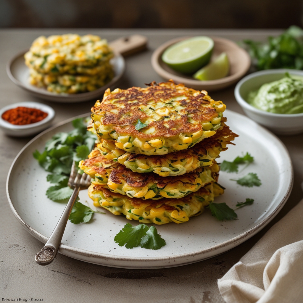Crispy Golden Corn & Zucchini Fritters with Zesty Cilantro-Lime Avocado Crema