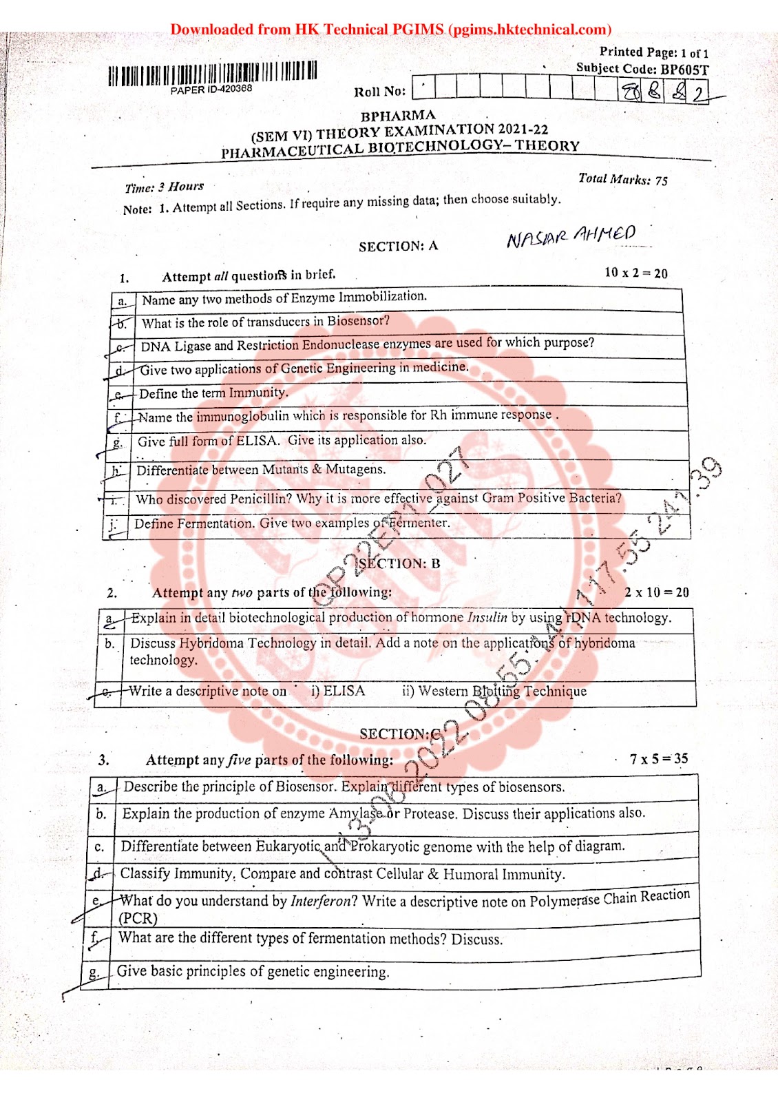 BP605T Pharmaceutical Biotechnology BPharmacy 6th Semester