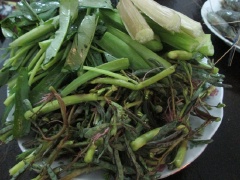 Rau ăn kèm rửa sạch, cho ra đĩa, chuẩn bị tôm và thịt bày ra sẵn.