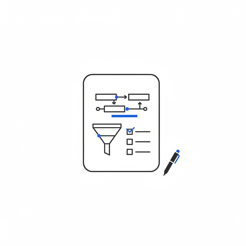 Minimalist 2D vector flat-lay of a pen, funnel sketches, checklist and blue accent bar illustrating lead generation for small businesses