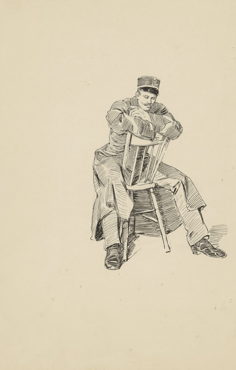 Militair zittend op een stoel 1898