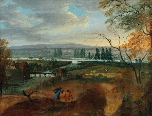 An extensive hilly landscape with a river