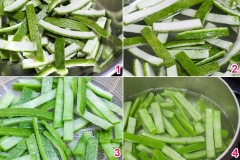 Vỏ bưởi cắt khúc khoảng 5 cm, bỏ bớt phần ruột trắng. Cắt vỏ bưởi thành sợi dài kích thước cỡ ngón tay. Tiếp đến, hòa tan muối với nước, cho vỏ bưởi vào ngâm trong khoảng 5 - 7 tiếng cho vỏ bưởi bớt đắng. Sau đó vớt vỏ bưởi ra bóp thật nhiều lần với nước để ra bớt tinh dầu. Sau đó, rửa sạch lại với nước, vớt ra rổ cho ráo nước. Tiếp đến, đun sôi nước với 1 muỗng canh phèn chua, cho vỏ bưởi vào luộc sơ trong khoảng 3-5 phút.