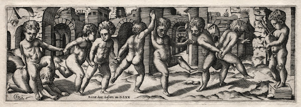 Frieze of Children Dancing to a Bag pipe mid 1500s