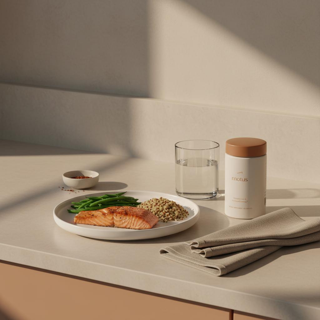 Evening kitchen scene with Motus supplement bottle beside a plated dinner of grilled salmon, steamed greens and quinoa, illustrating what burns belly fat at night