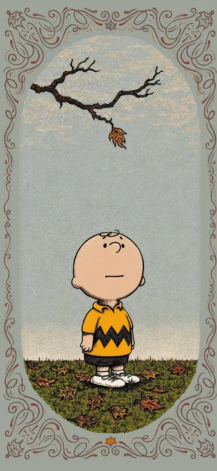 Charlie Brown and Autumn Leaf - Retro Illustration Full HD iPhone Wallpaper (1080x2342)