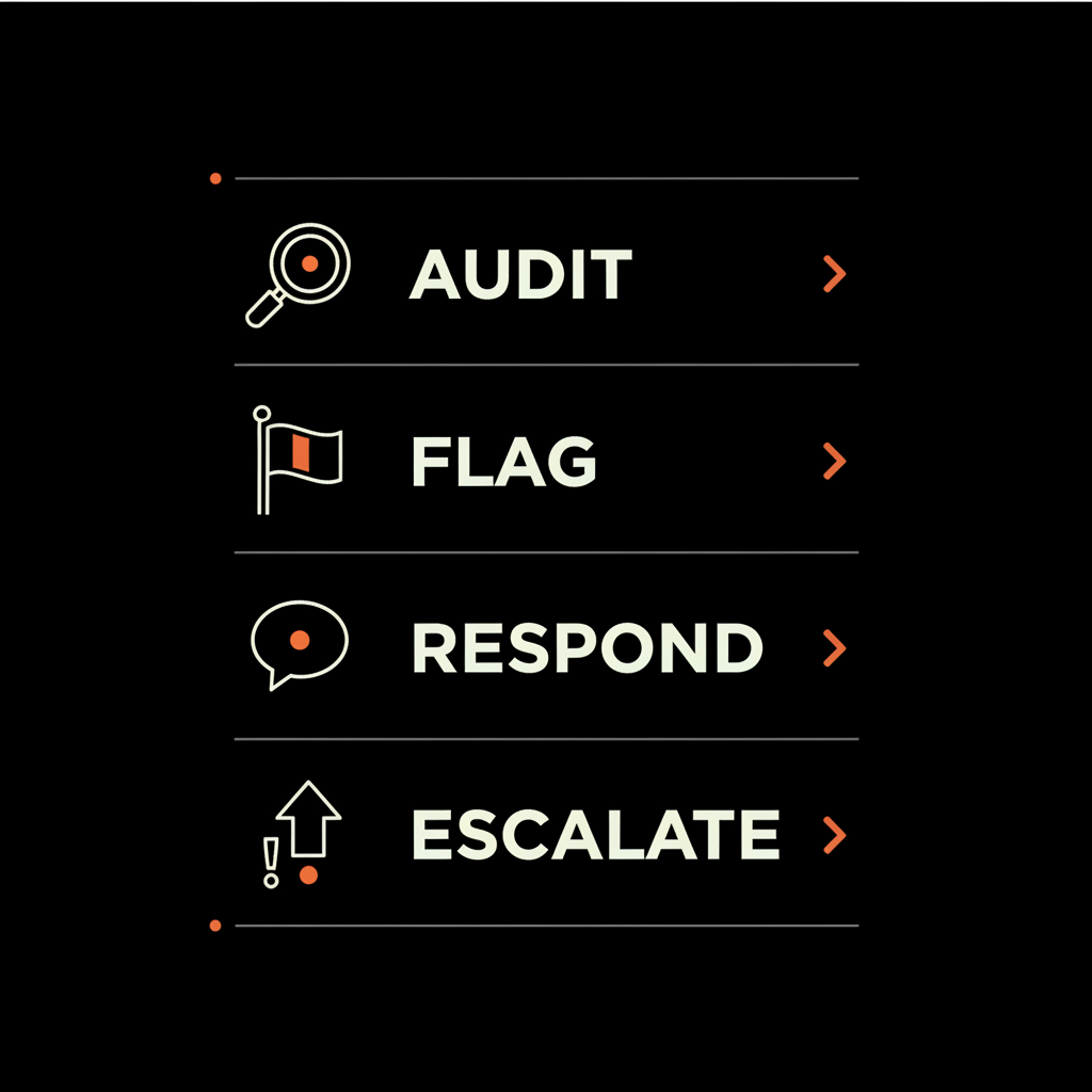 Minimal full-frame infographic checklist 'Audit > Flag > Respond > Escalate' in Social Success Hub brand colors on black background to illustrate how to remove bad reviews from Google.