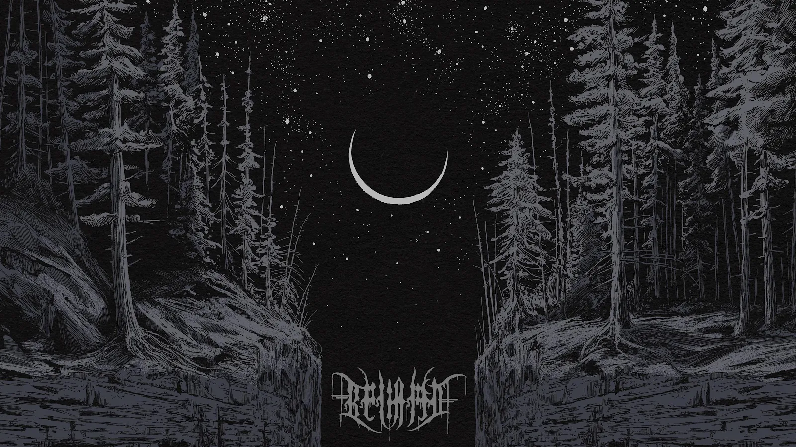 Dark Forest Under Crescent Moon - Dark Ink Illustration 4K Wallpaper (3840x2160)