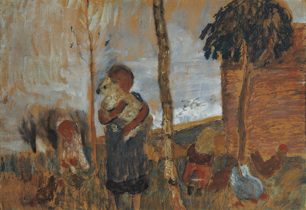 Children and chickens in front of a landscape circa 1902