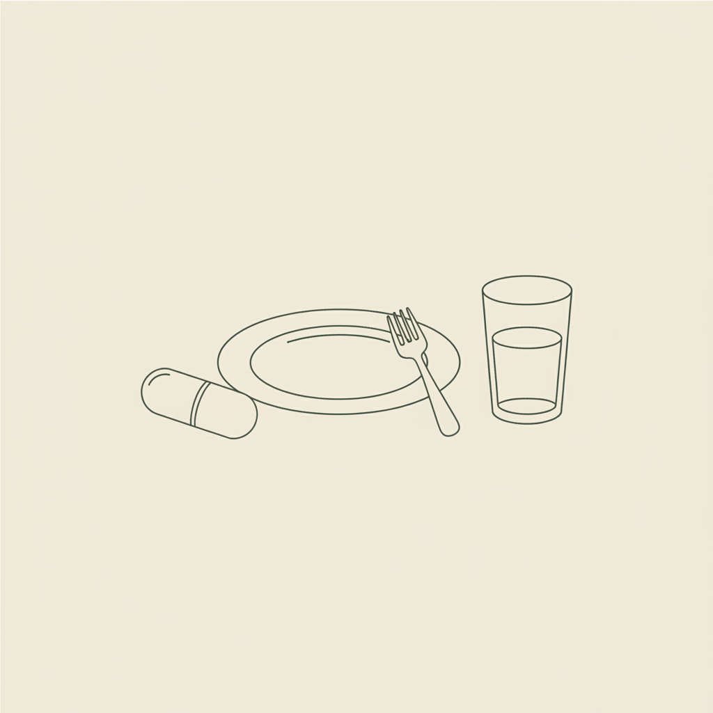 Minimalist line illustration of a capsule beside a plate with fork and a glass of water on a beige background, symbolizing weight loss pills and healthy eating habits.