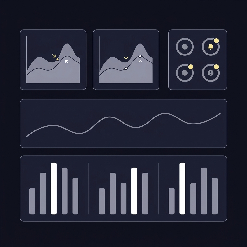 Minimalist 2D vector monitoring dashboard with distribution drift plots alert dots and per fold performance bars How to Track Whether Your Model Has a Real Edge