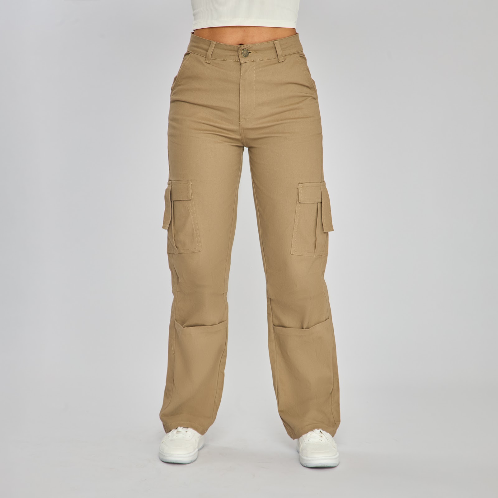 Pantalón cargo bota recta tiro alto en denim stretch, color blanco - Vista 3