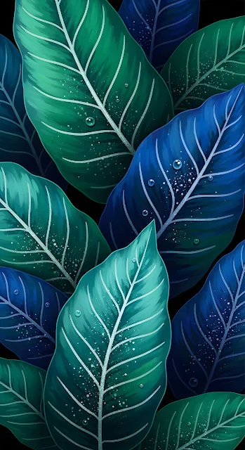 Tropical Foliage Illustration with Teal and Blue Leaves