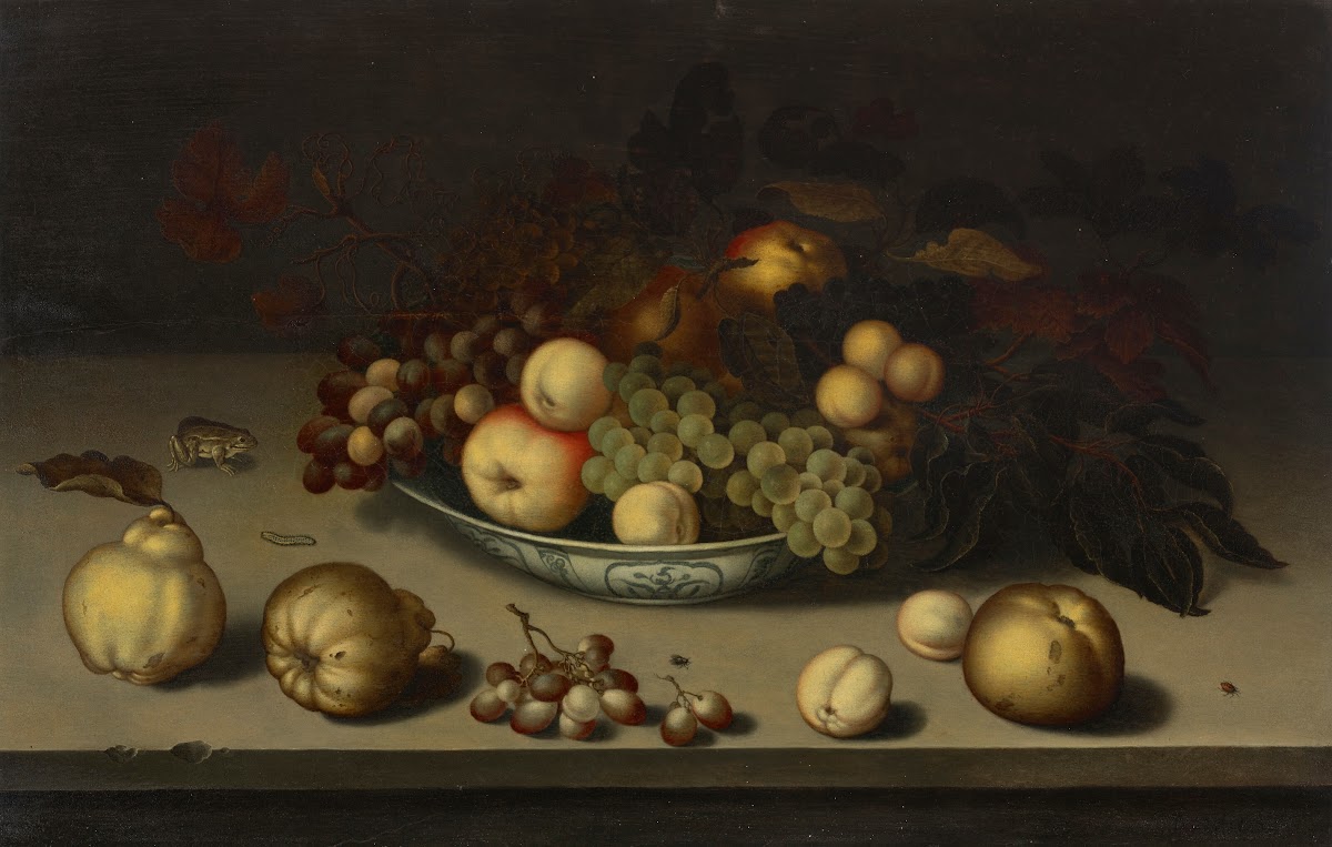 Grapes apples peaches and apricots in a Wan li bowl with quinces a frog a caterp
