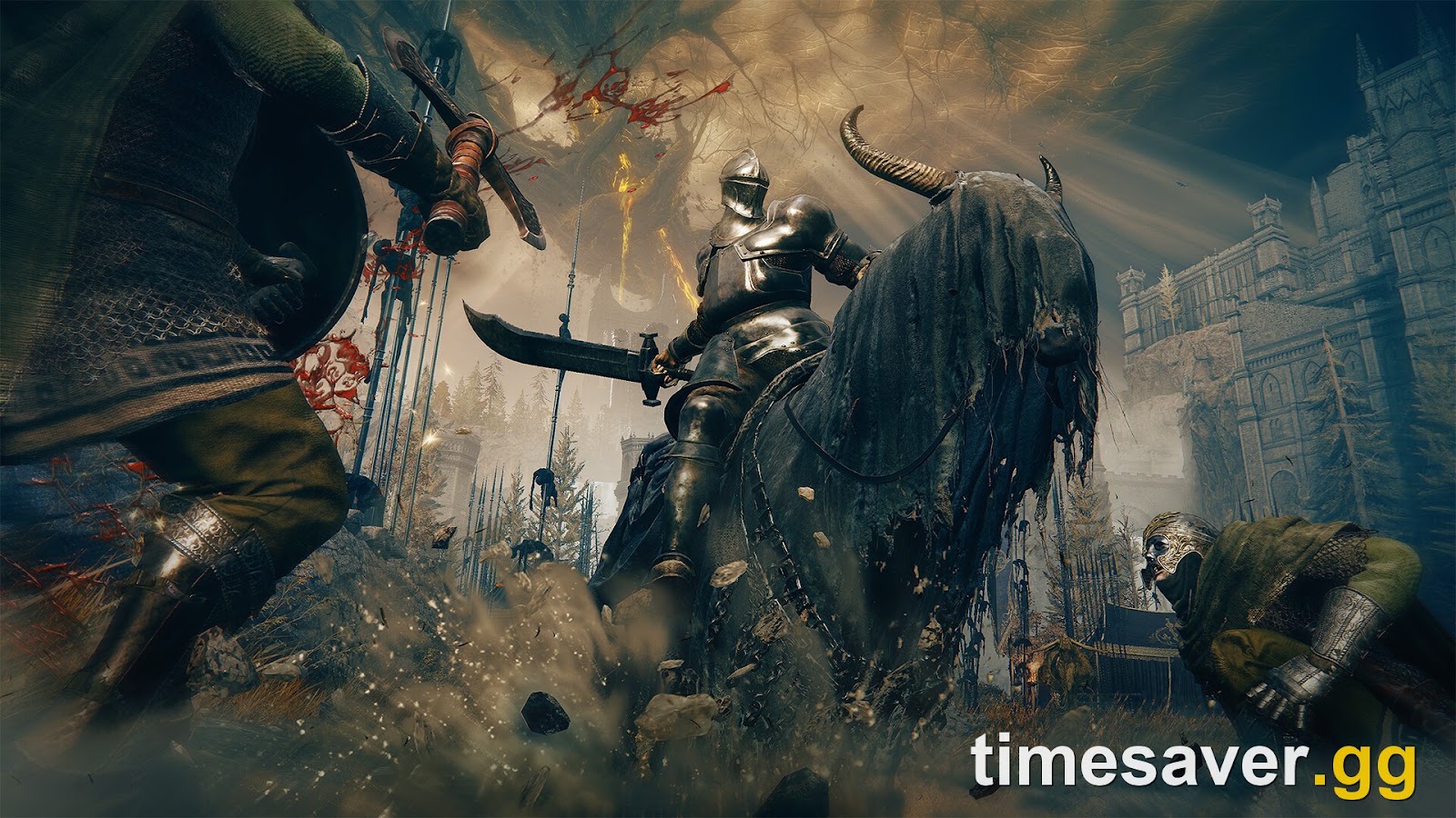 An armored knight fighting on horseback in Elden Ring, wielding a curved sword — the fast, mobile fantasy the Idus Knight build is built around.
