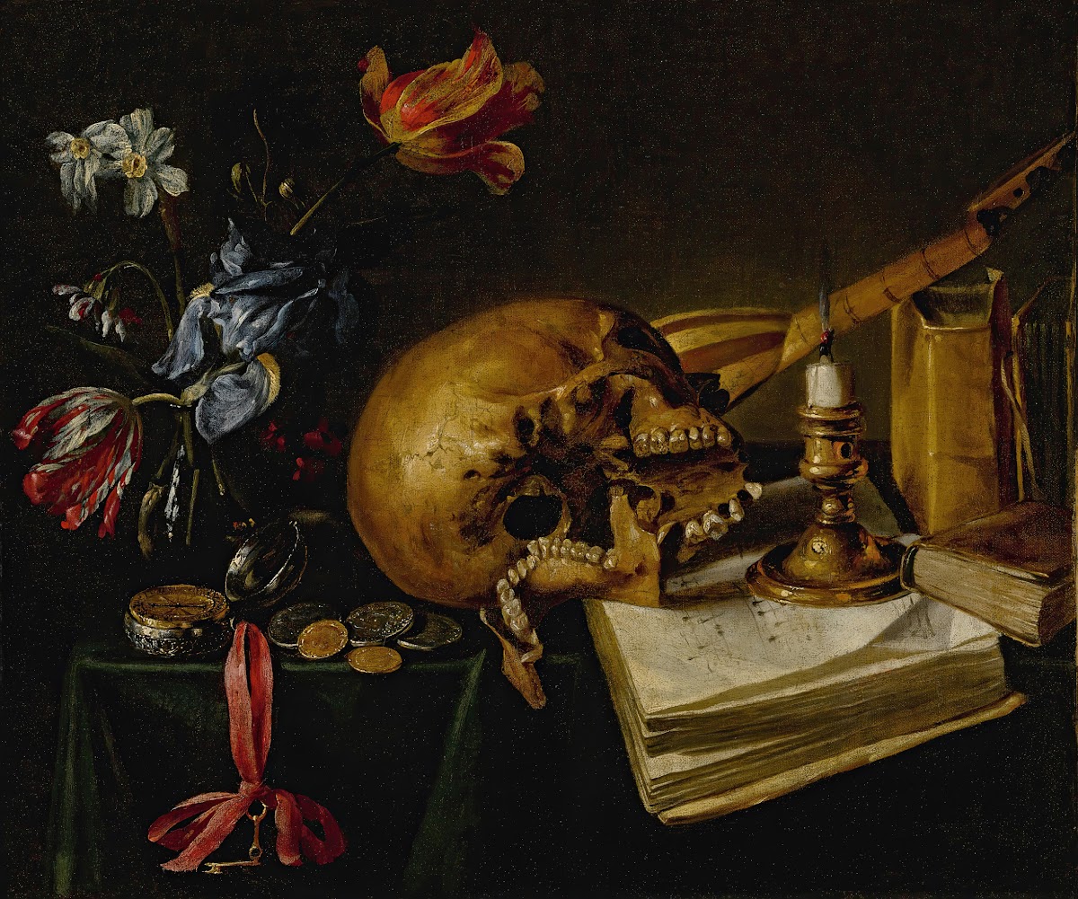 A still lifewith a skull a music book a snuffed out candle a bouquet of dying fl