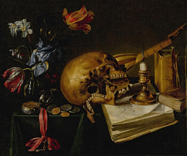 A still lifewith a skull a music book a snuffed out candle a bouquet of dying fl
