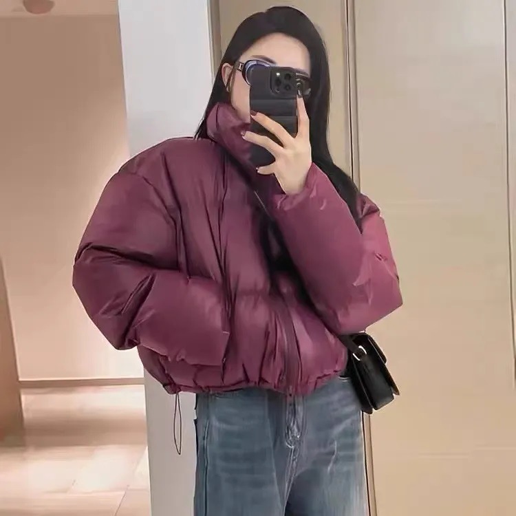 Short women's puffer jacket with stand-up collar, lined