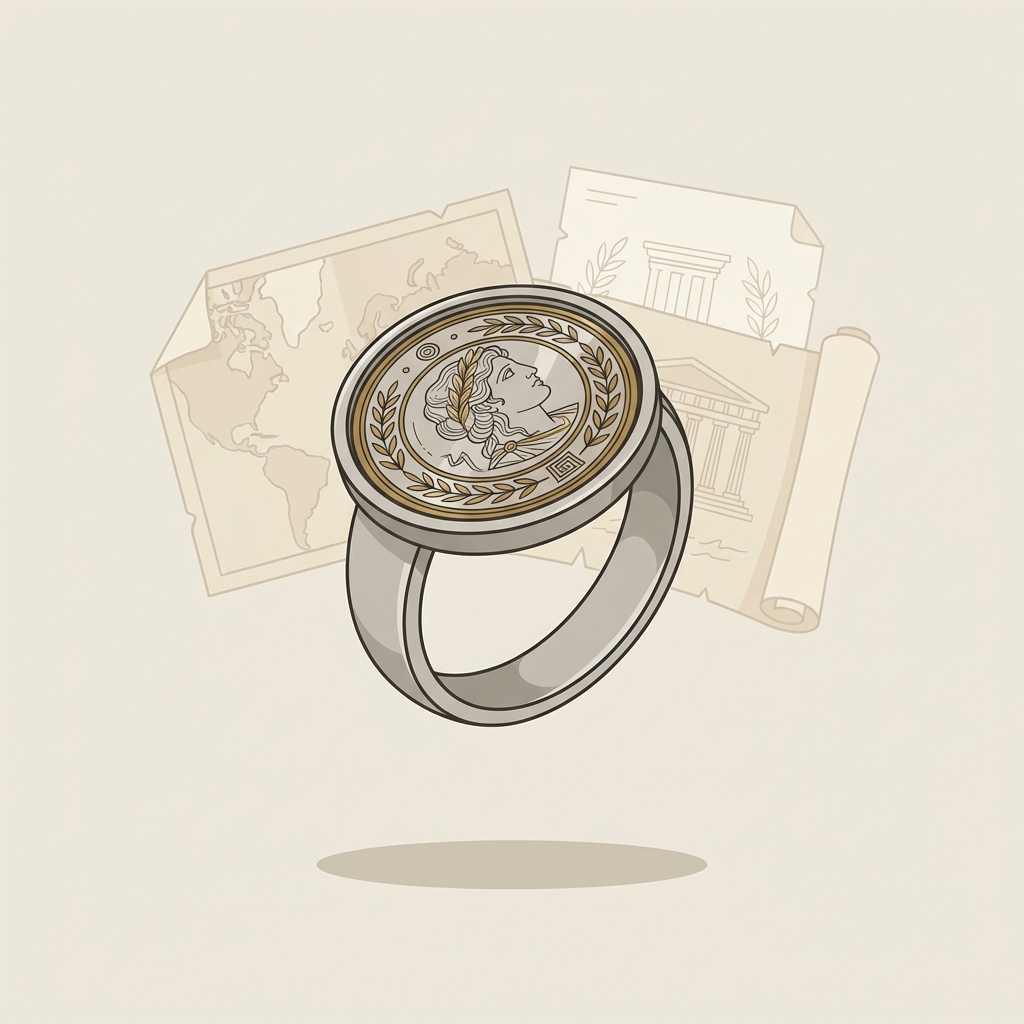 Minimalist 2D vector of reversible bezel mounted greek coin rings on a full bleed neutral background ede7da with slightly blurred documentation papers behind