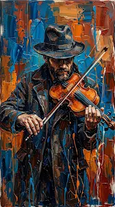 Impasto Oil Painting of a Man Playing Violin in Blue and Orange