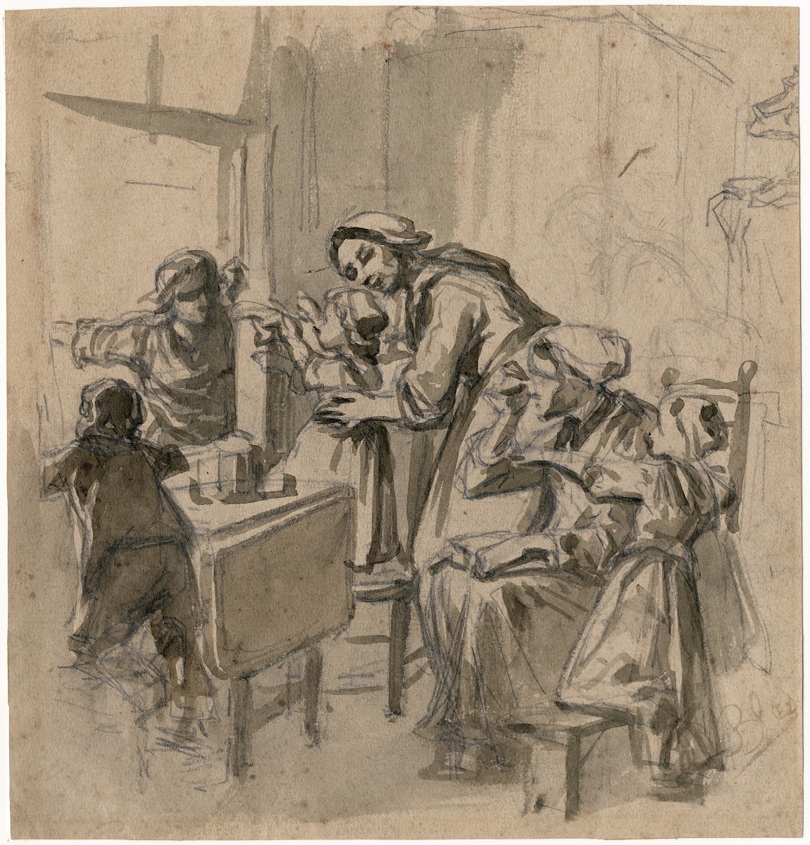 Women and children greeting a man outside their window