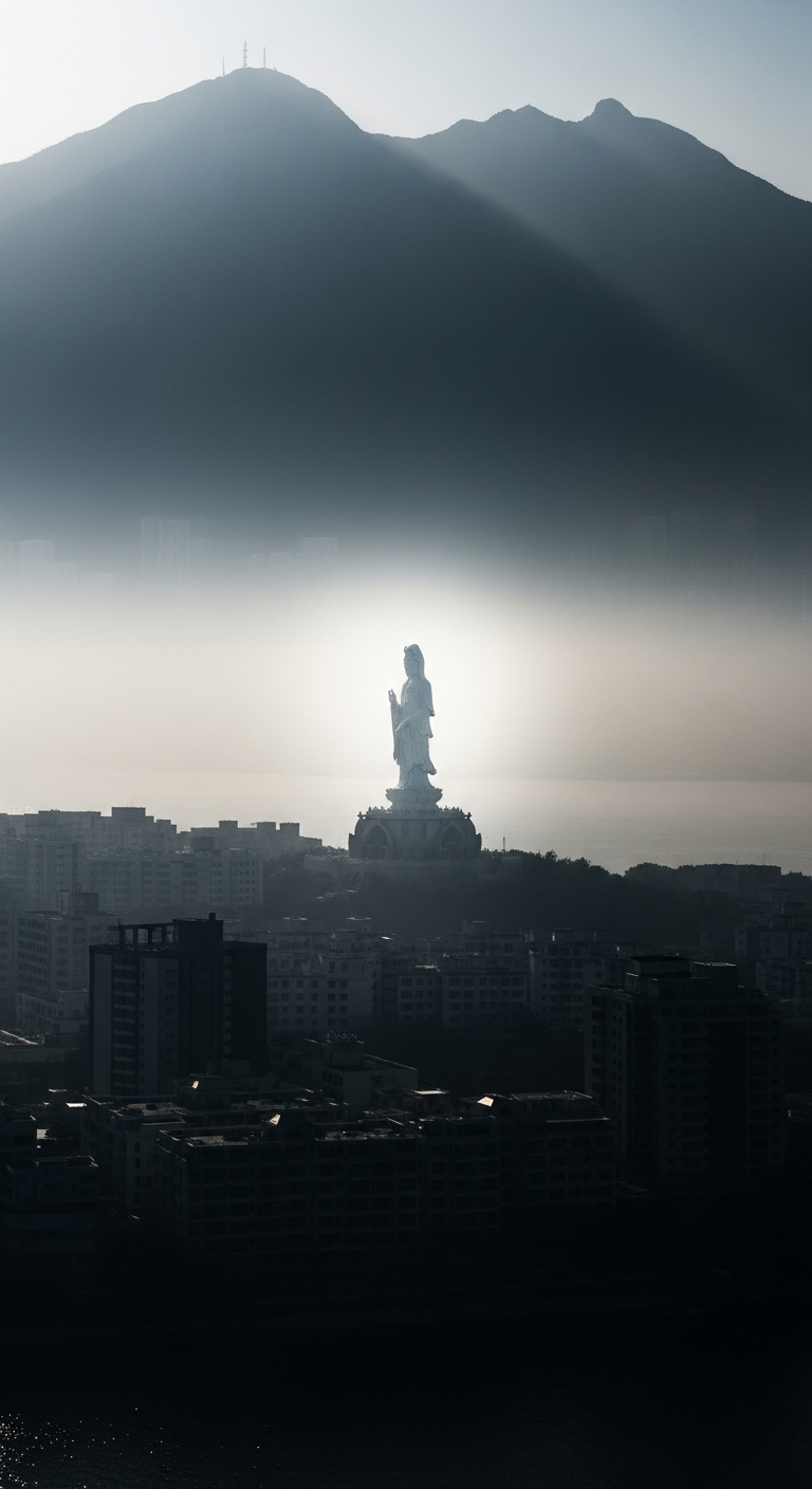 Ethereal View of a White Guanyin Statue Floating Above a Silhouetted Cityscape and Misty Mountains - Free 4K mobile Wallpaper