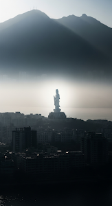 Ethereal View of a White Guanyin Statue Floating Above a Silhouetted Cityscape and Misty Mountains