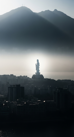 Misty Statue and Cityscape