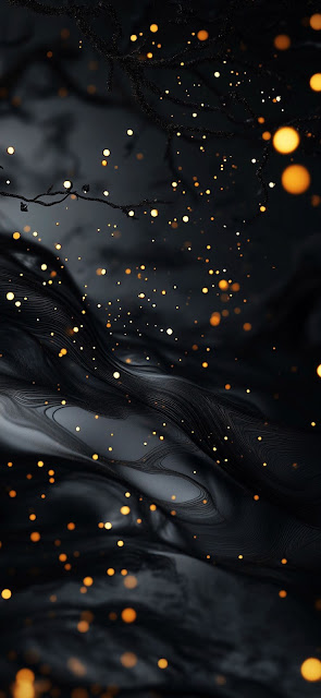 Black Flowing Abstract Texture Gold Bokeh Sparkles Art - Free mobile Wallpaper