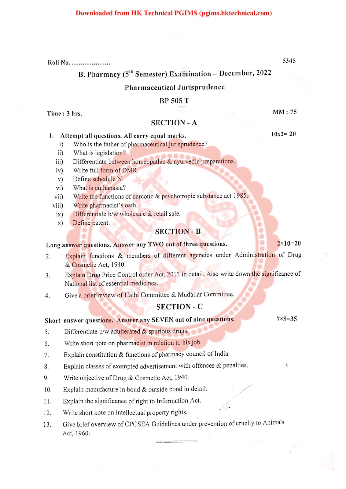 BMU Pharmaceutical Jurisprudence 5th Semester B.Pharmacy Previous Year's Question Paper,BP505T Pharmaceutical Jurisprudence,BPharmacy,BPharm 5th Semester,Previous Year's Question Papers,Baba Mastnath University (BMU),