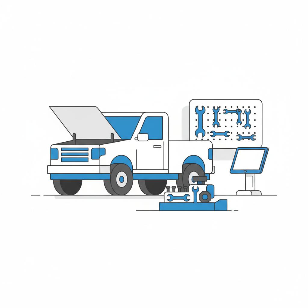 Minimalist vector illustration of a truck on a lift in a clean service bay showing reconditioning tools and parts no people kelley blue book value truck
