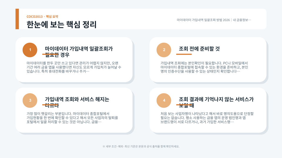 마이데이터 종합포털에서 본인이 가입한 마이데이터 서비스를 일괄조회하고 각 사업자 앱에서 불필요한 서비스를 해지하는 절차