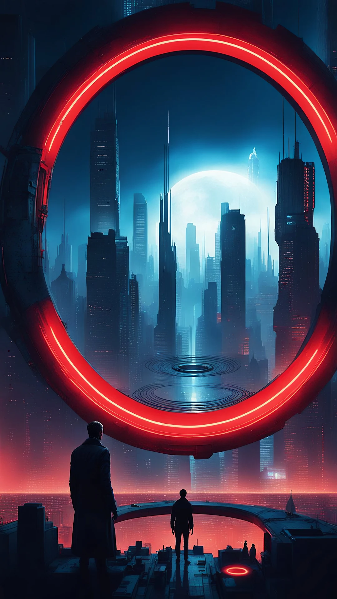 Figures Gaze at Neon City Through Red Portal - Free 4K mobile Wallpaper