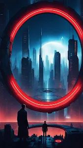 Figures Gaze at Neon City Through Red Portal