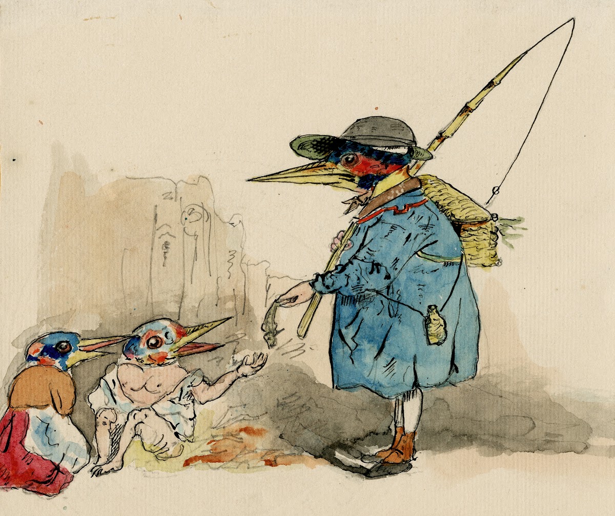 Bird brings a fish to his off spring Satirical print