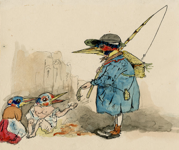 Bird brings a fish to his off spring Satirical print