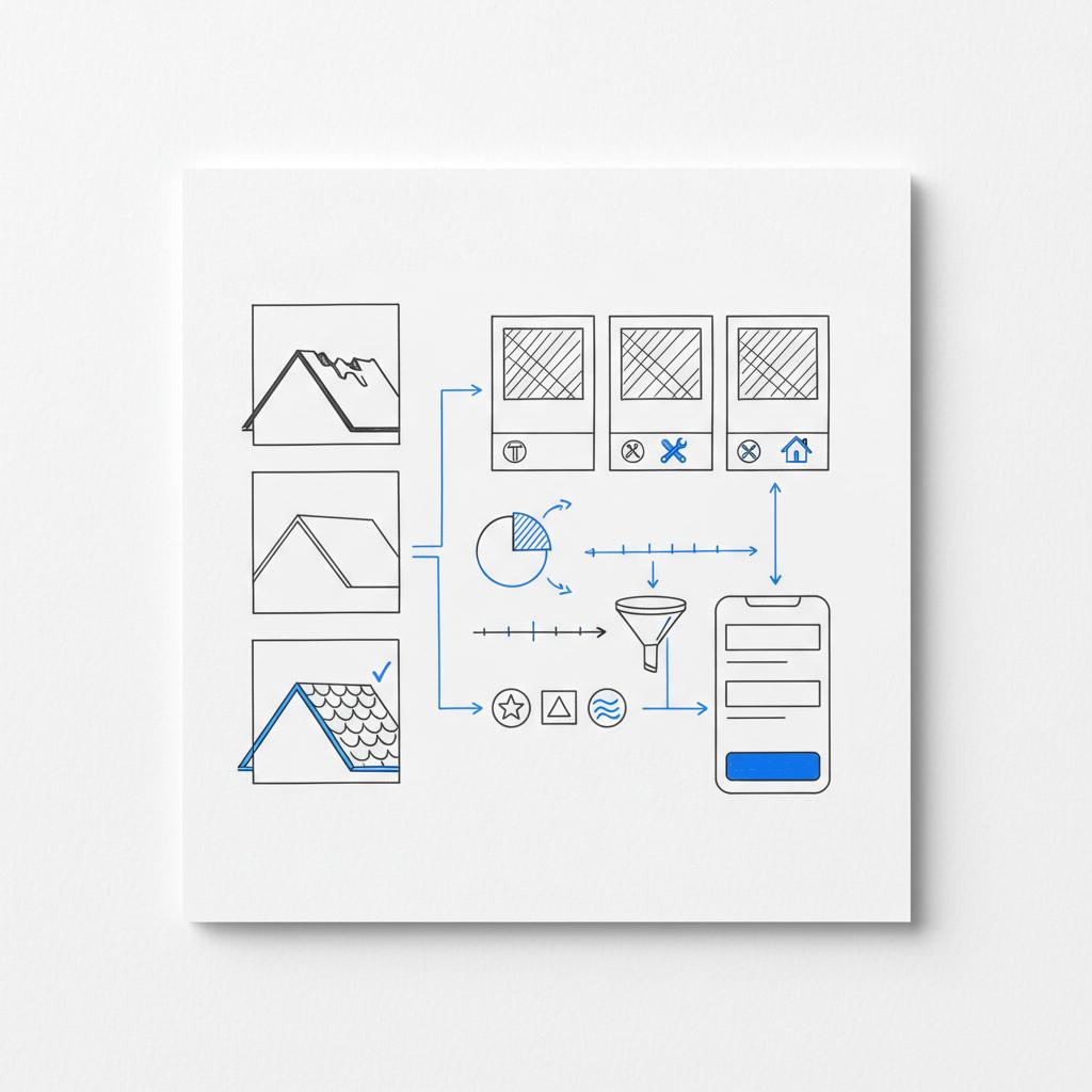 Notebook sketch of a storyboard for Facebook ads for roofers: before/after video panels, ad-carousel, and mobile lead-form wireframe on white background