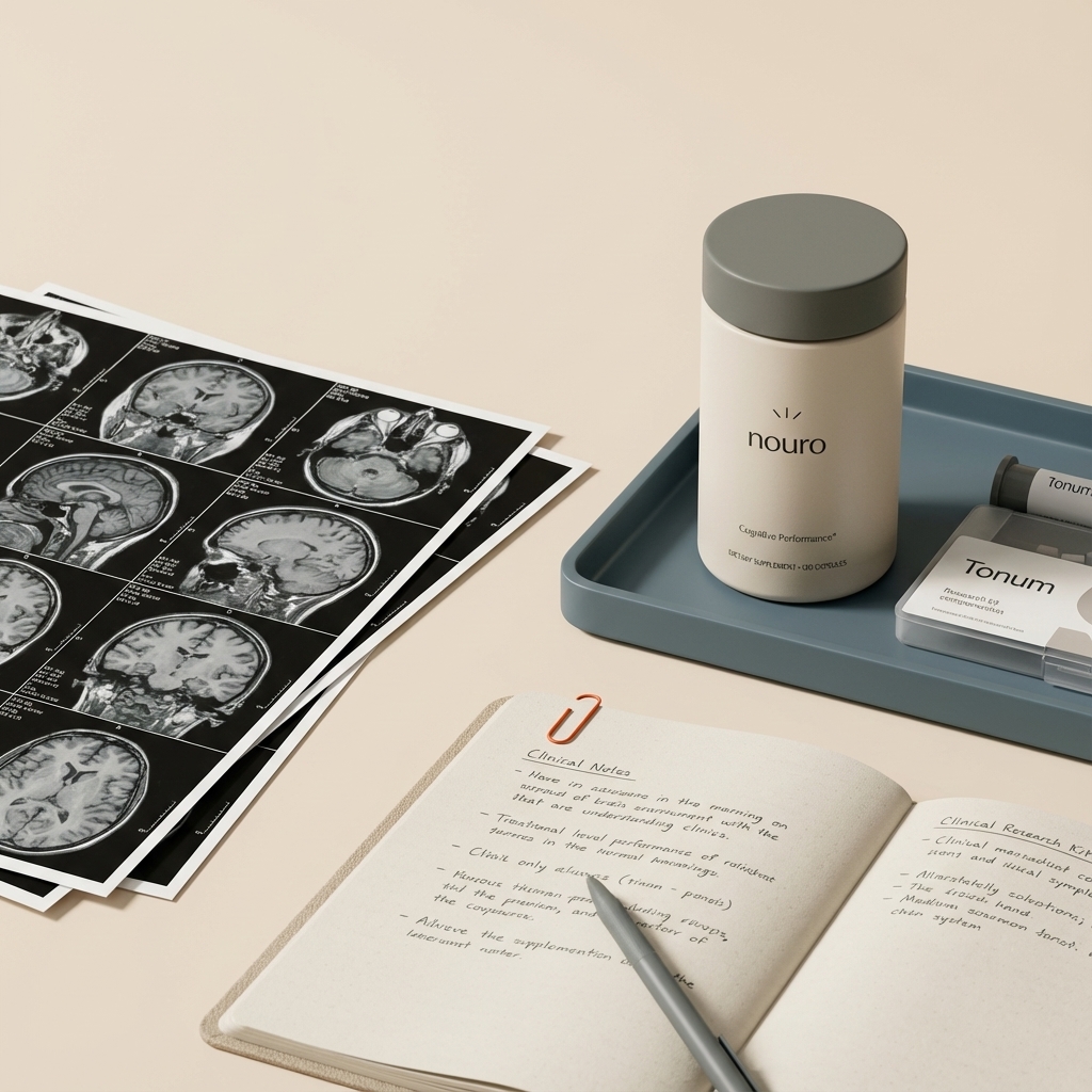 Tonum research kit and Nouro bottle on a minimalist beige backdrop beside printed MRI brain slices and a notebook, illustrating MRI findings in neurodegenerative disease research