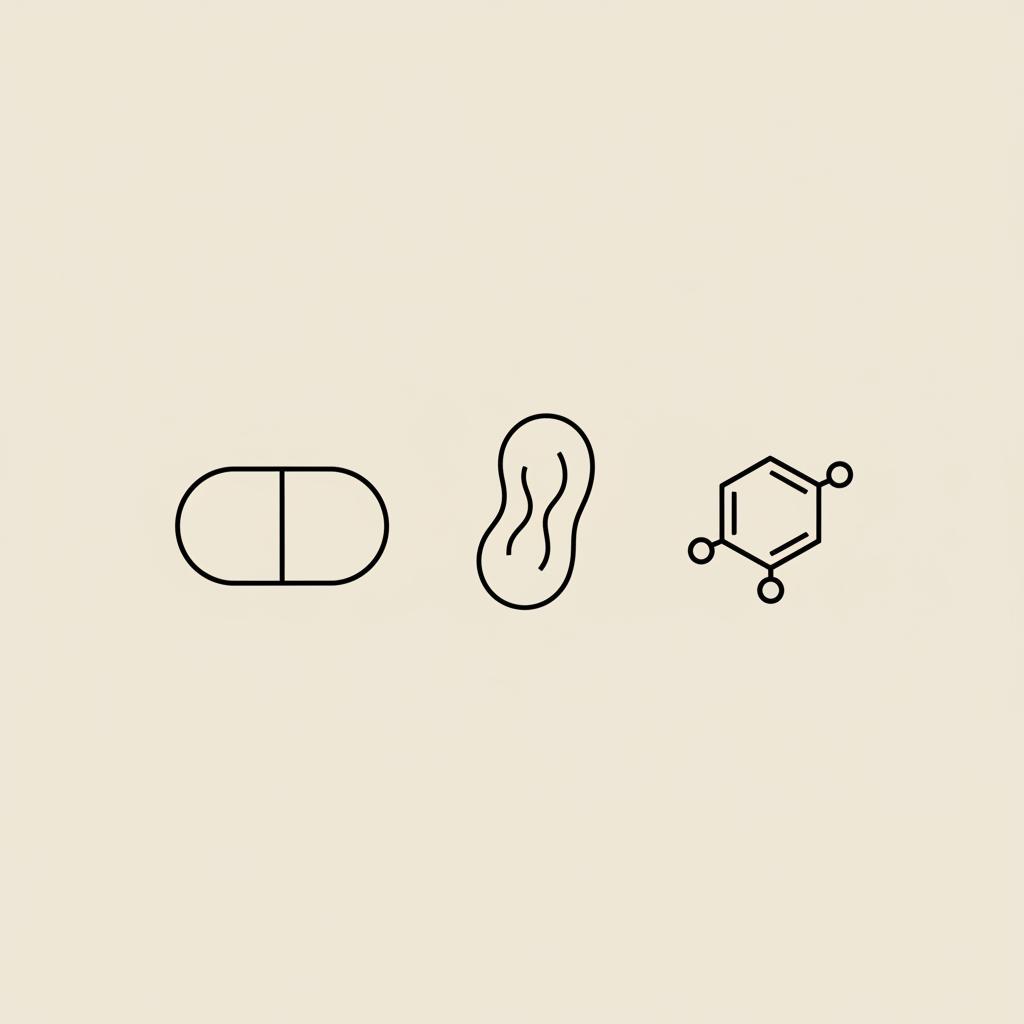 Does alpha-lipoic acid increase insulin sensitivity? Minimal Tonum-style vector showing a capsule beside a simplified mitochondrion and a small glucose molecule icon on beige #F2E5D5 background