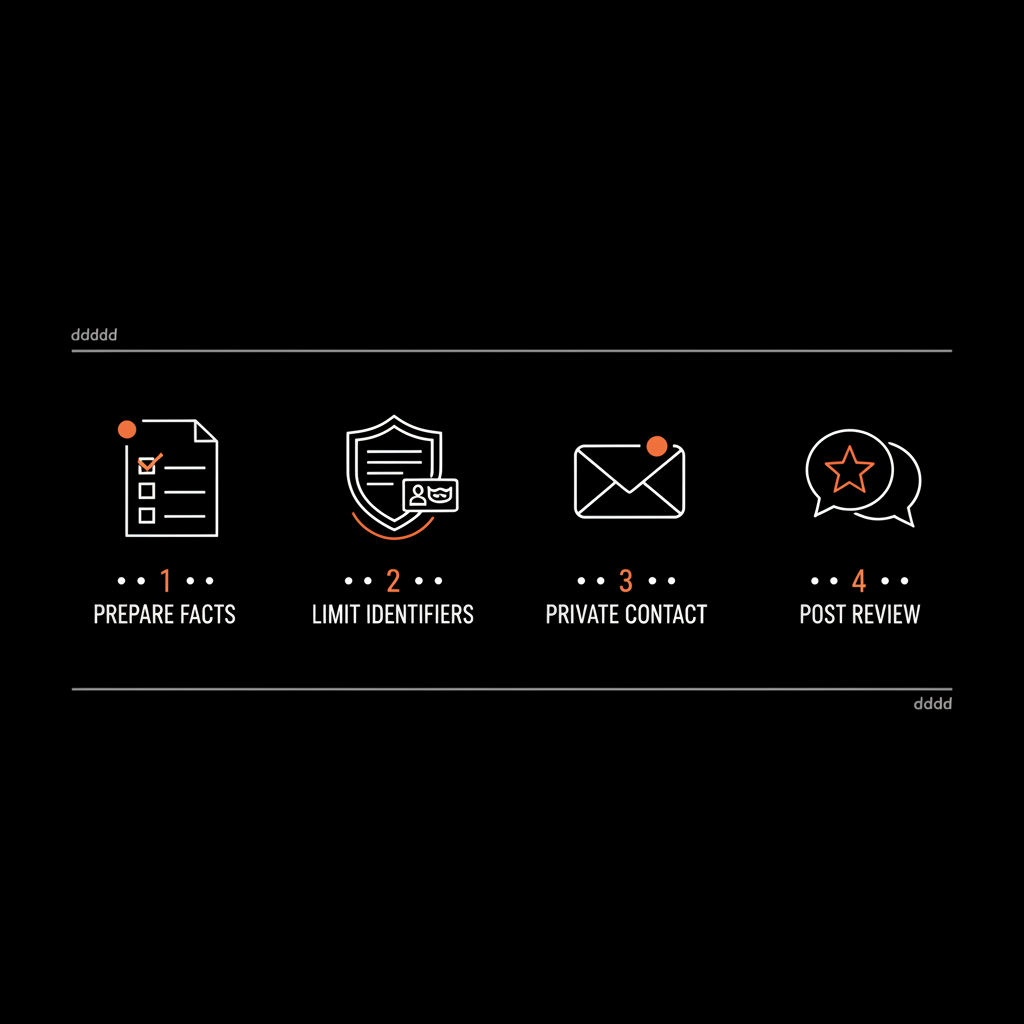 Minimal infographic with four step icons (prepare facts, limit identifiers, private contact, post review) to leave a bad Google review anonymously