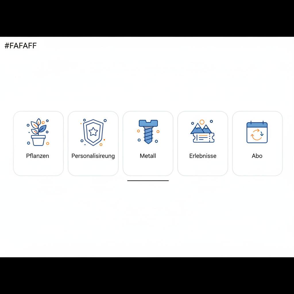 Minimalistische 2D-Infografik mit fünf Vektor-Icons (Pflanzen, Personalisierung, Metall, Erlebnisse, Abo) in Steelmonks-Farben für geschenkideen