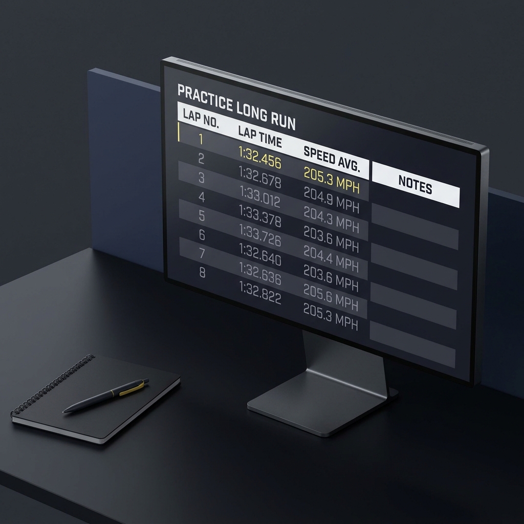 Close up timing screen showing practice long run laps and speed averages beside a notepad and pen in a minimalist Funded Plays layout nascar expert picks