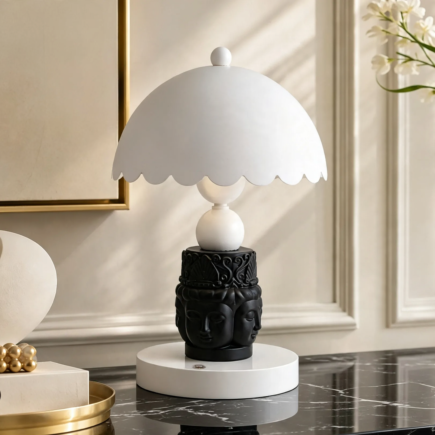 Faceted Buddha Table Lamp, Black and White