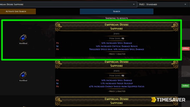 The official Path of Exile 2 web trade site showing item listings priced in Exalted Orbs