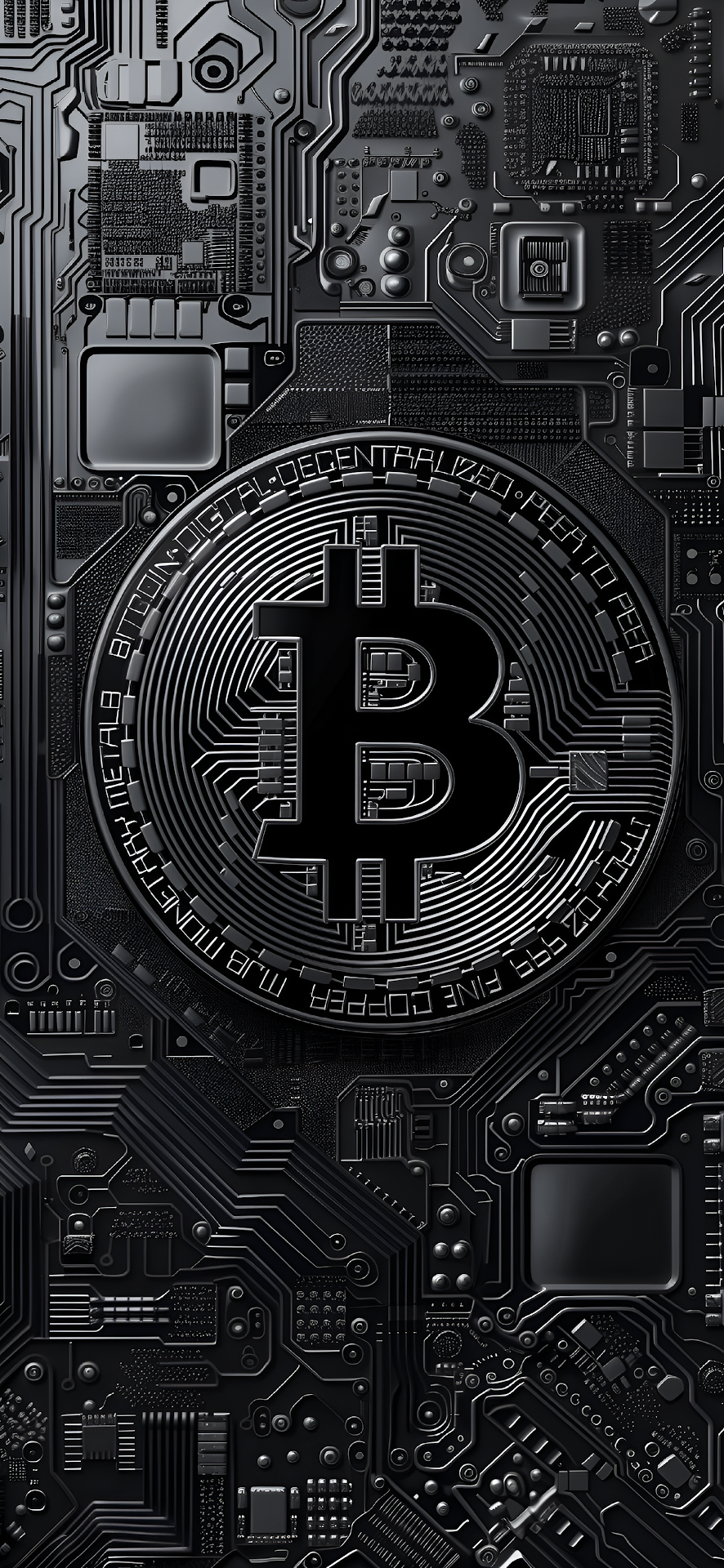 Bitcoin Cryptocurrency Symbol Dark Circuit Board Texture - Free 4K mobile Wallpaper