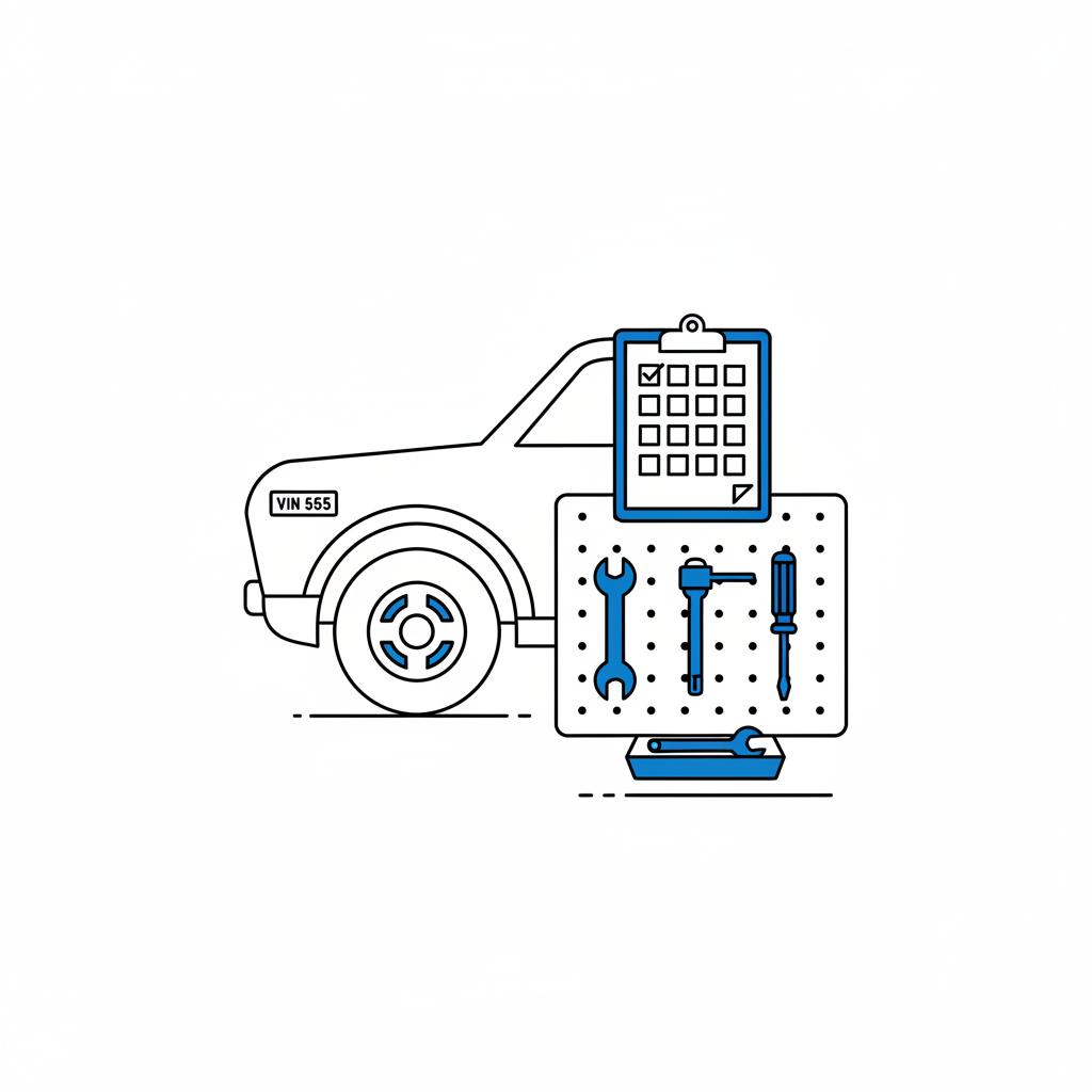 Minimalist 2D vector garage inspection scene with neatly arranged tools blank checklist clipboard and visible VIN plate on car frame for Toyota vs Chevrolet comparison