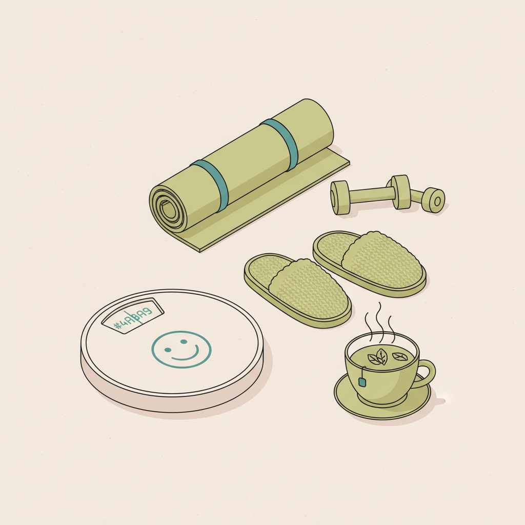 Waage mit Smiley-Display neben Pantoffeln, Kräutertee und Yogamatte in ruhiger 2D-Vektorillustration – symbolisiert Wohlbefinden und Krafttraining bei Rückenschmerzen