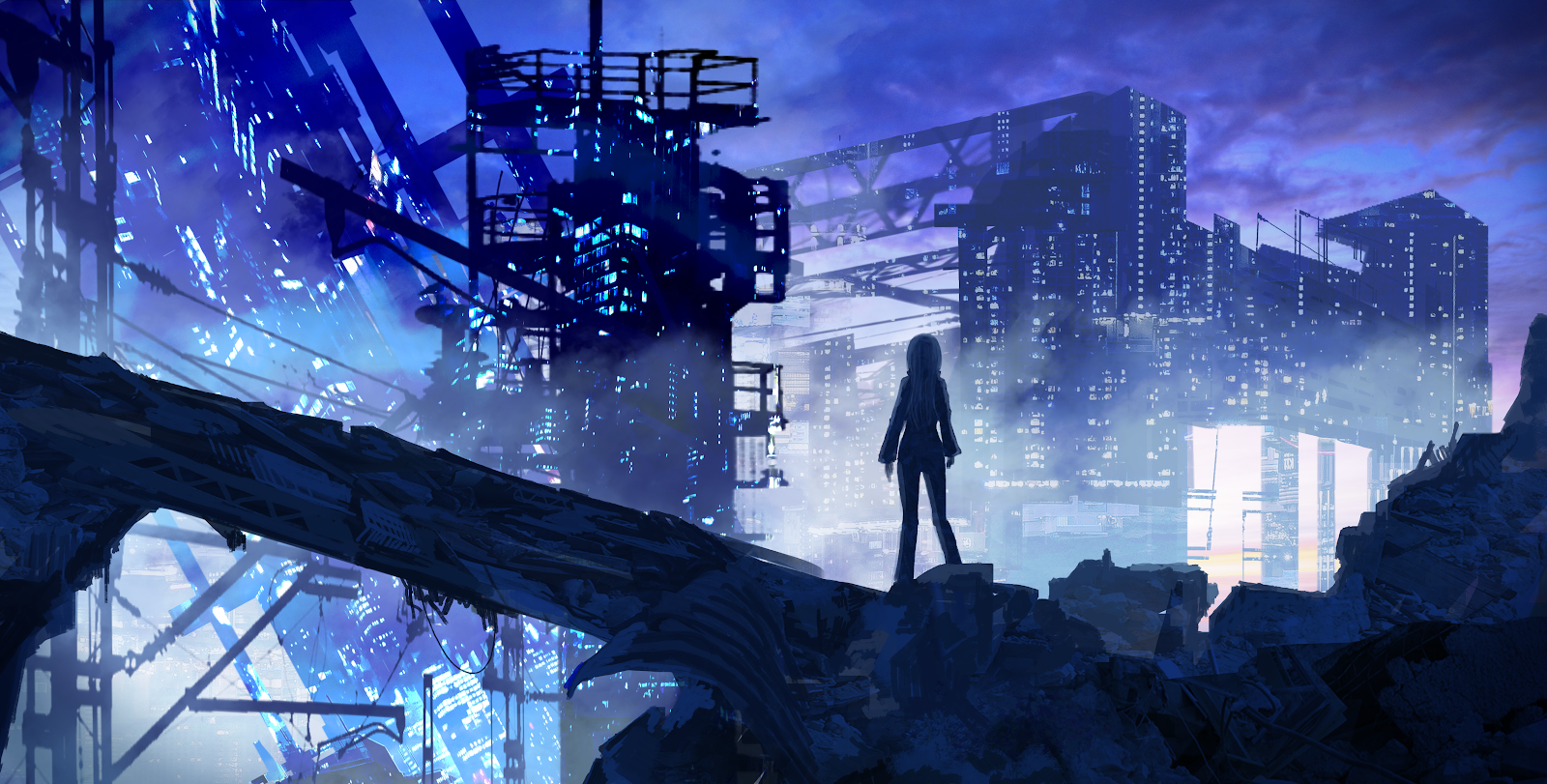 Lone Girl In Cyberpunk City - Digital Concept Art 4K Wallpaper (5031x2551)