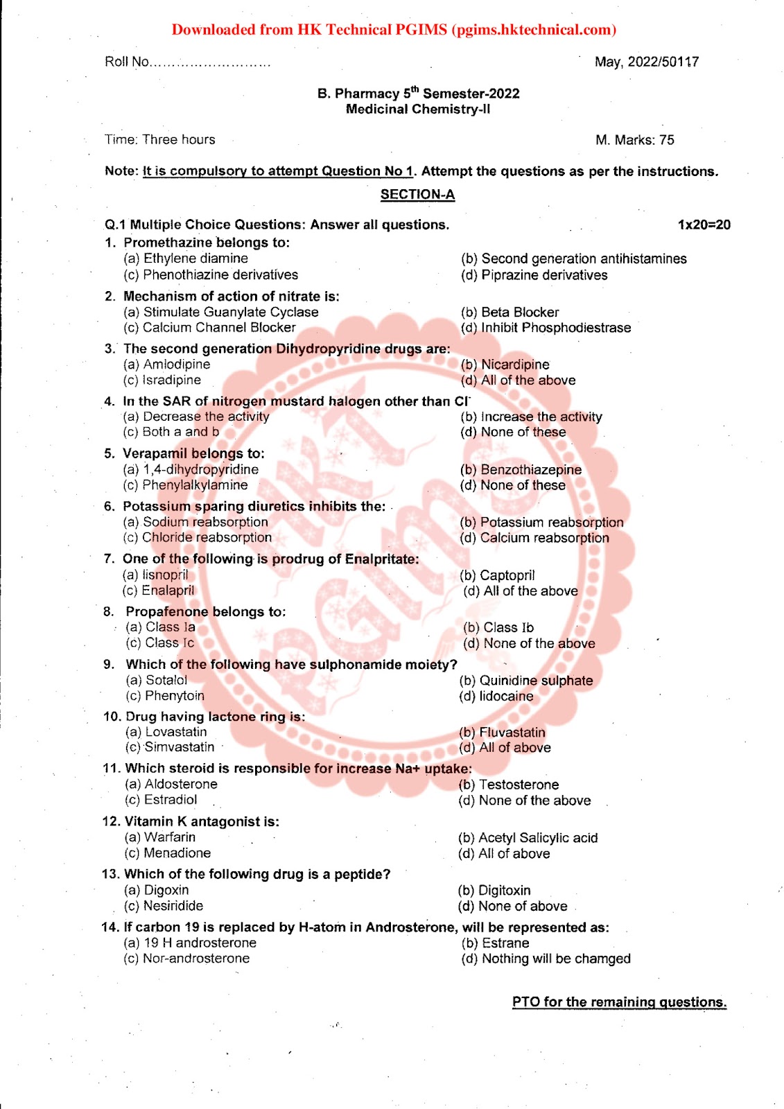 Medicinal Chemistry II UHSR 5th Semester B.Pharmacy Previous Year's Question Paper,BP501T Medicinal Chemistry II,BPharmacy,BPharm 5th Semester,Previous Year's Question Papers,Medicinal Chemistry,Question paper,